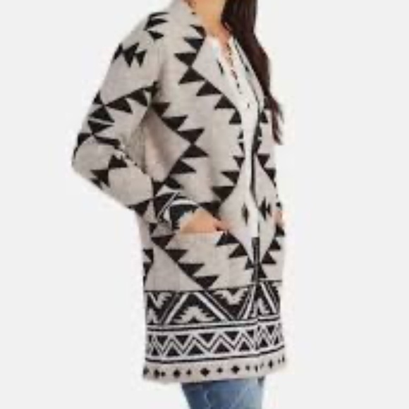 Frye Cardigan Black Gray Aztec Knit Duster Southwestern Geometric Women's XL - Picture 2 of 12